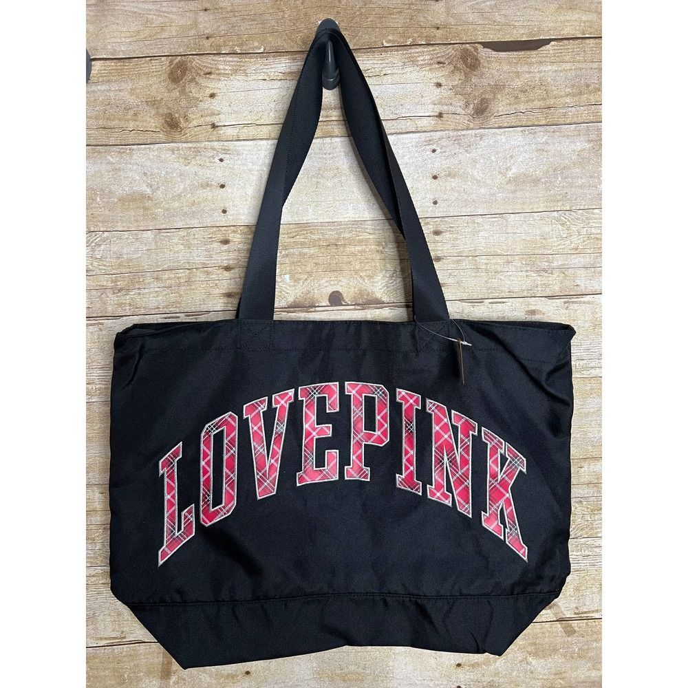 LOVE PINK NYLON FLANNEL LETTERED ZIPPER CLOSURE LARGE DOUBLE STRAP TOTE